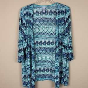 Catherines Blue/Turquoise/White Knit 3/4 Sleeve Open Front Stretch Cardigan